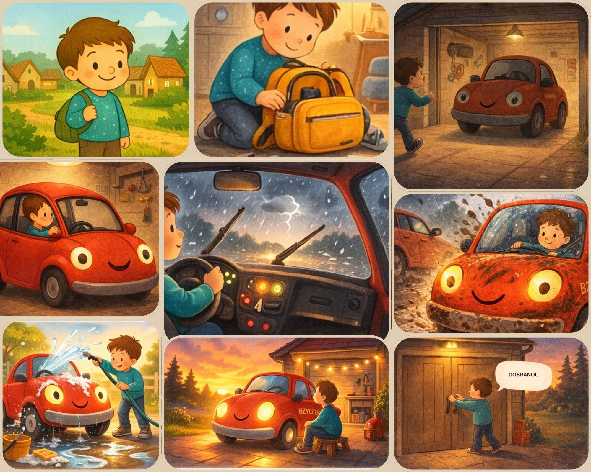 Ilustracja małego chłopca i jego zabawkowego samochodu