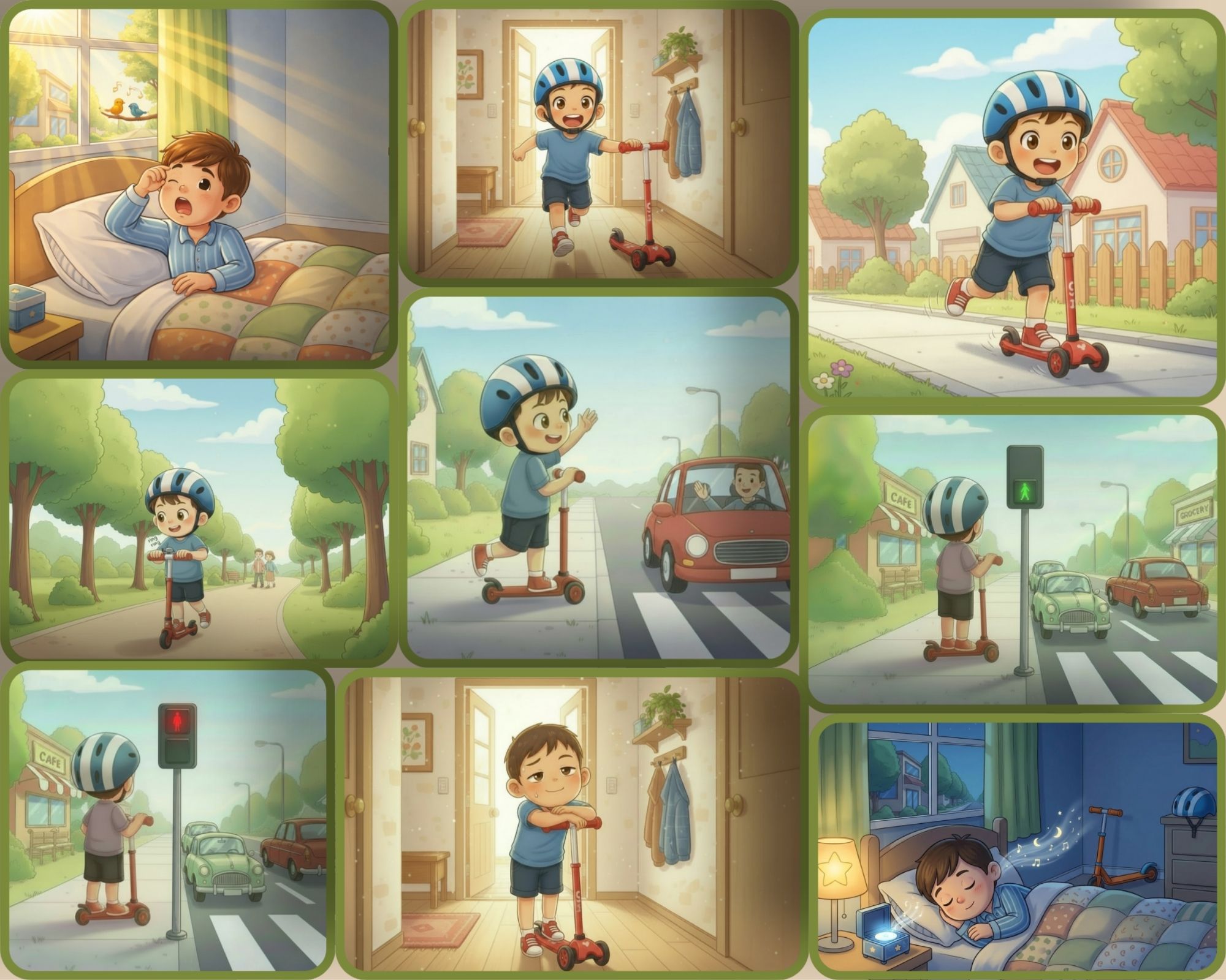 Little boy riding a scooter safely