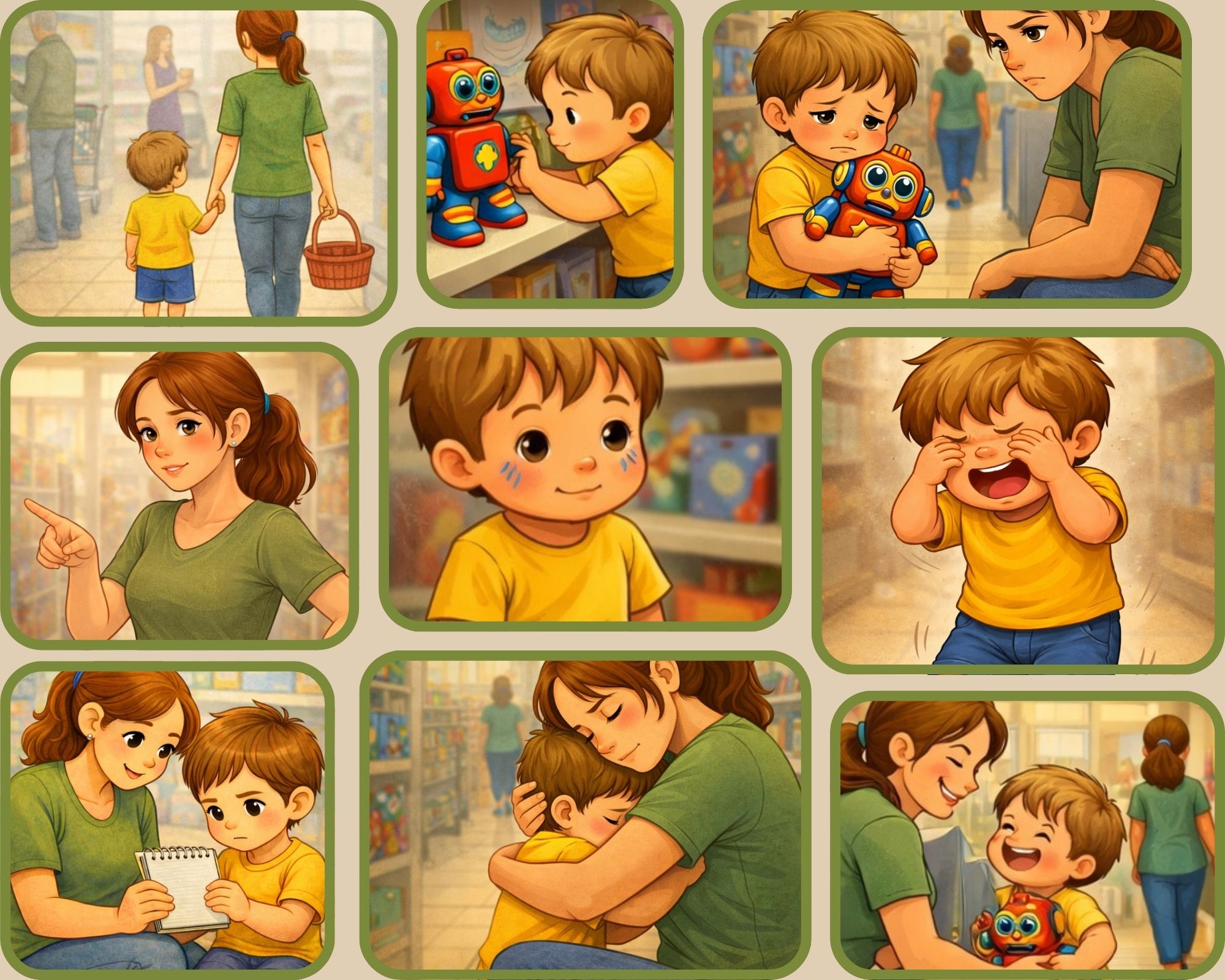 Ilustracja małego chłopca w sklepie z mamą