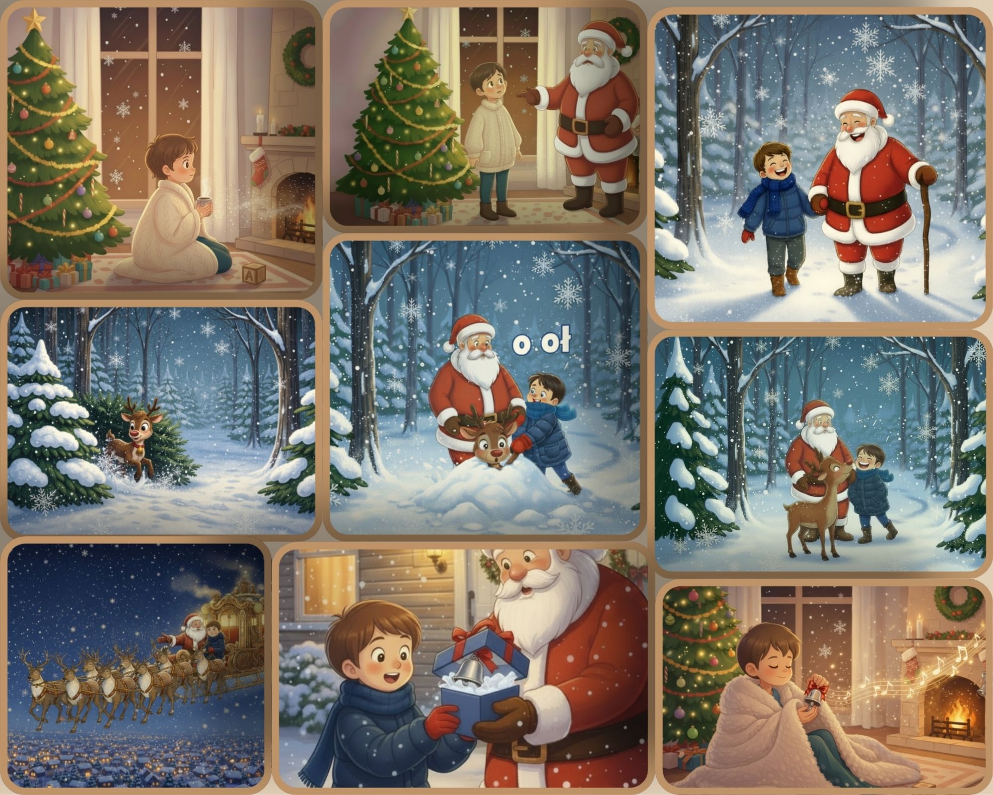 Ilustracja małego chłopca z Mikołajem i reniferem