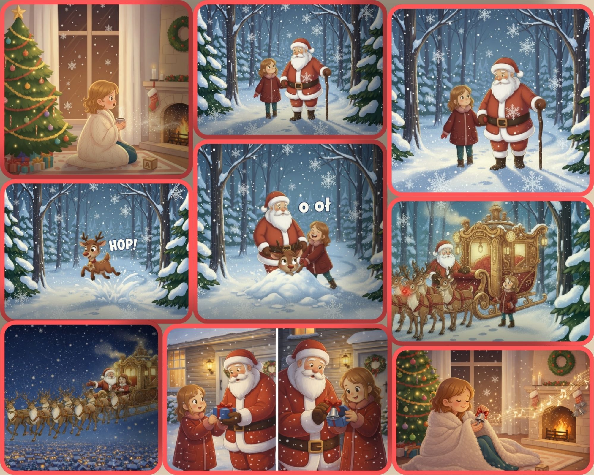 Ilustracja dziewczynki, Mikołaja i renifera