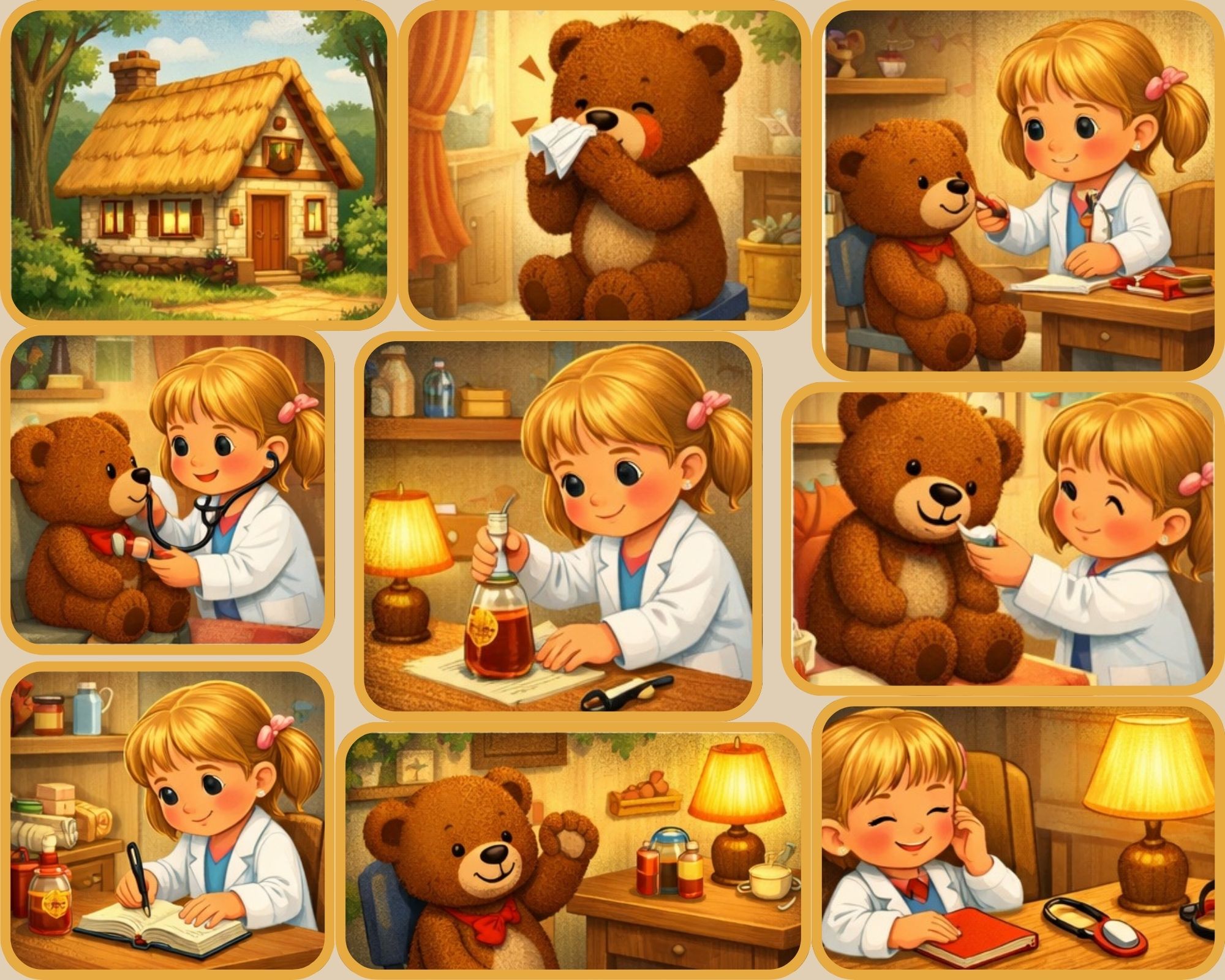Illustration of a girl and her sick teddy bear
