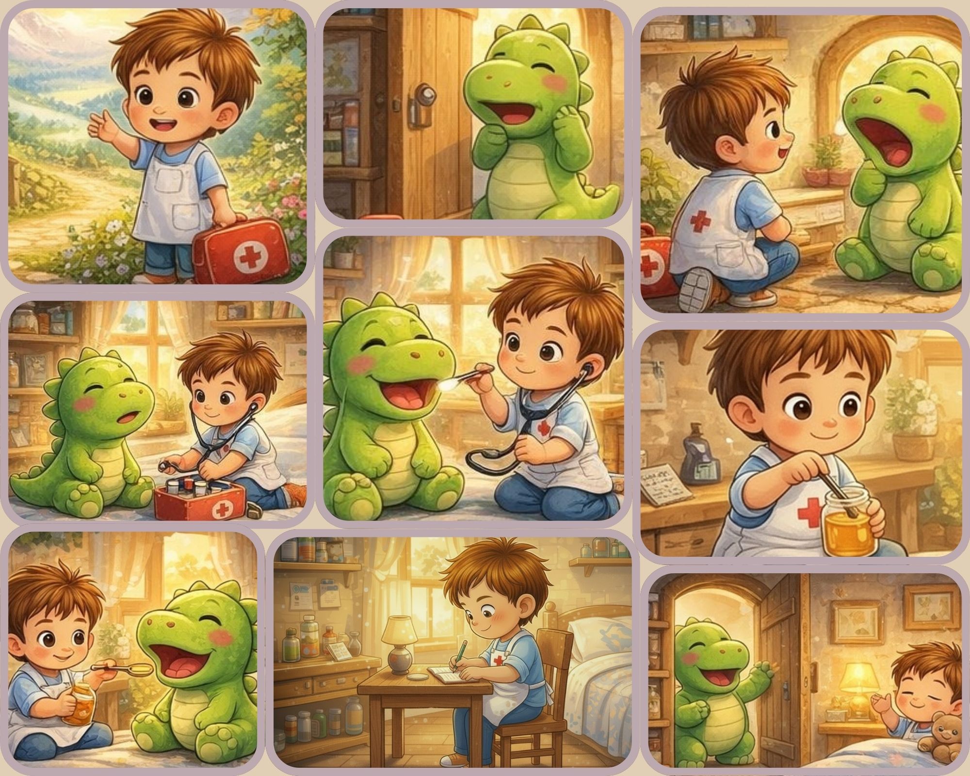Ilustracja chłopczyka, który pomaga choremu dinozaurowi